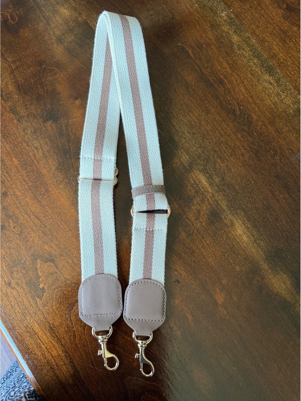 Adjustable Beige and Brown Striped Bag Strap with Gold Hardware